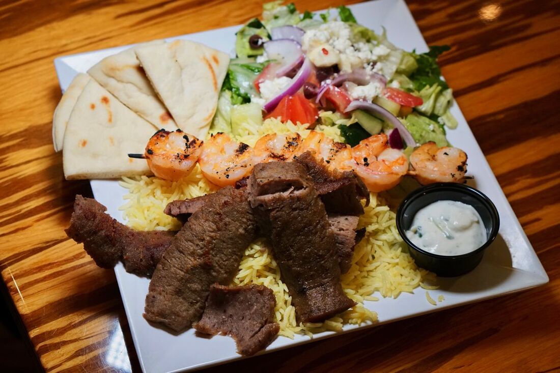 Gyro and shrimp plate at Daphne's. Photo by The Foodie Biz.